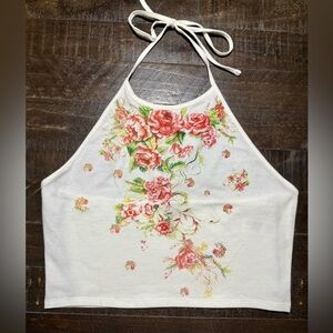 Forever 21 Off White Pink Floral Halter Crop Top Sz L Easter Date Party Beach